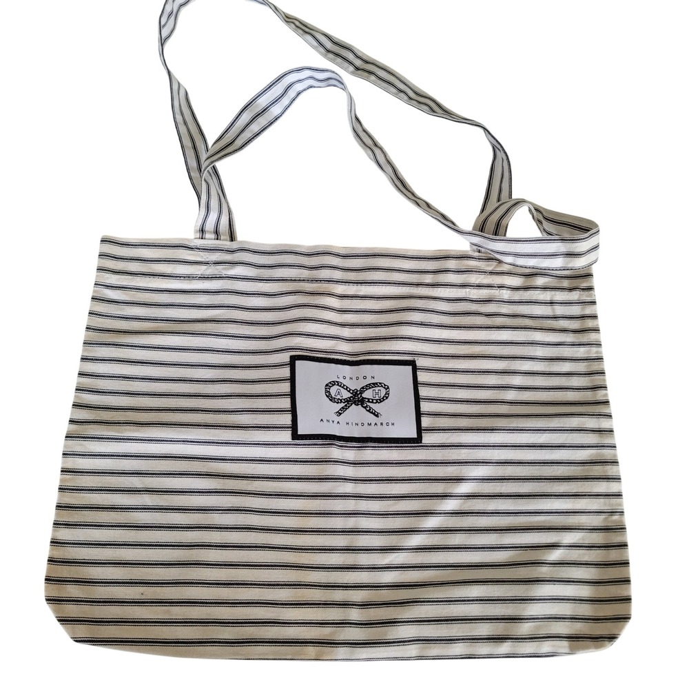 Anya Hindmarch London Striped Canvas Tote‎ Bag Navy Cream Bow Logo Shopper